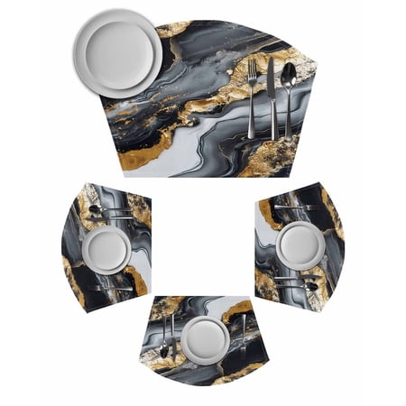Gray Marble Round Placemats Set of 2, Yellow Modern Ink Painting Abstract Art Placemats for Round Dining Table Shape Wedge Placemats for Outdoor Indoor Wipeable Clean Table Place Mats