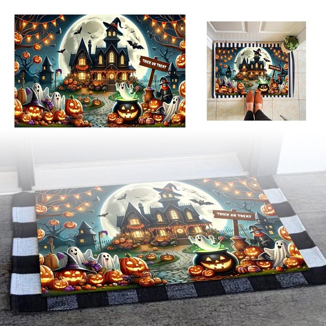 qiangxu , Tapis de Porte d'Halloween Citrouille Fantôme Effrayant Tapis d'Entrée Effrayant Antidérapant en Caoutchouc Tapis de Porte Durable et Facile à Nettoyer Tapis de Salon Vert 31.5*11.83 Pieds'