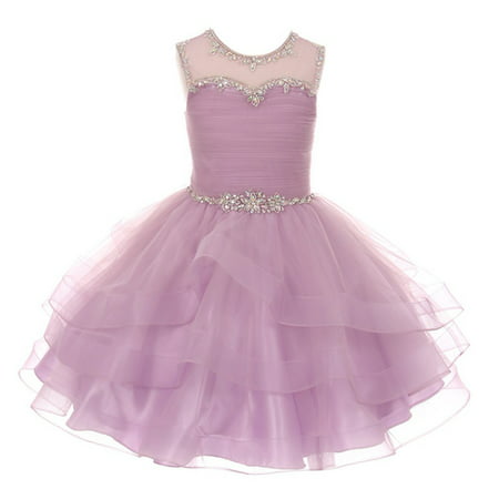 Girls Lilac AB Stone Adorned Charmeuse Tulle Organza Easter Dress