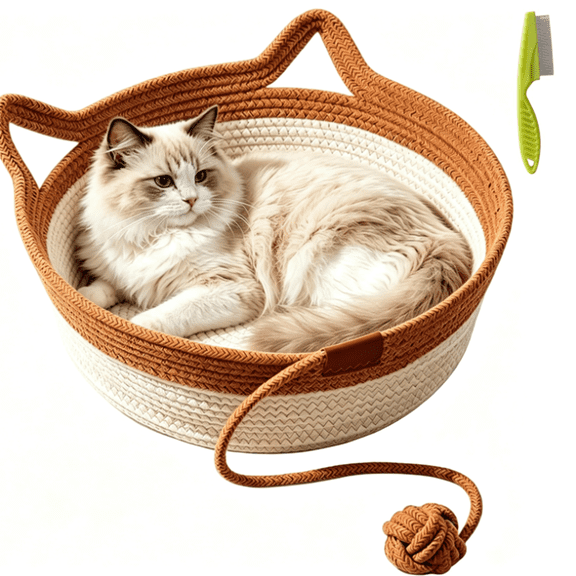 Stimulicat Handwoven Cat Basket For Cats, Cat Basket Bed, 13.7/16.1/18.7 Inch Round Cotton Rope Rest Nest With Cat Ear Handles For Indoor Pet