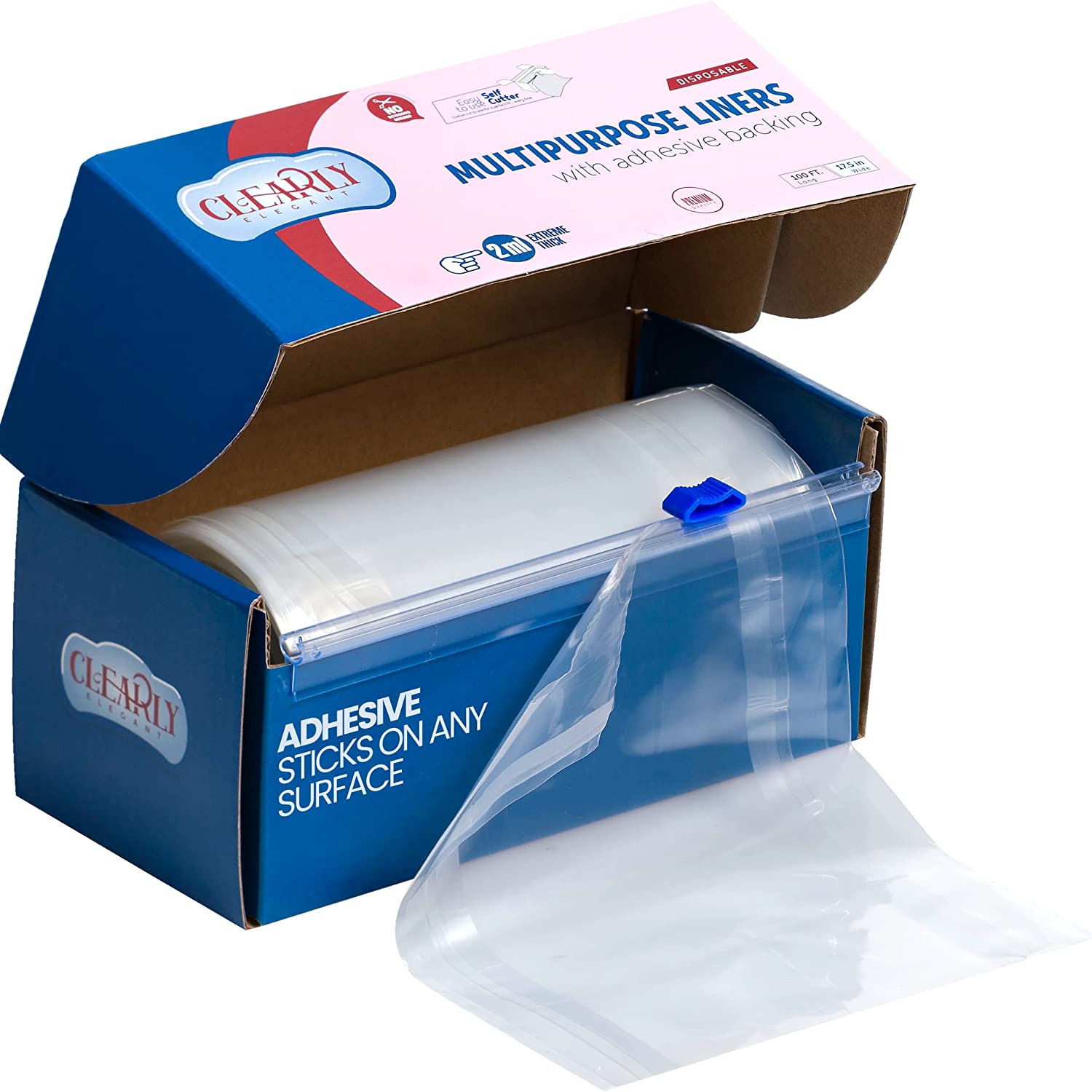 Clearly Elegant Clear Adhesive Plastic Liners with Easy Self-Cutter for Kitchen Counter, Picnic Tables, Shelf & Refrigerator Liners, Arts & Crafts Table Protector, 15.5in x 100ft. 2ml.