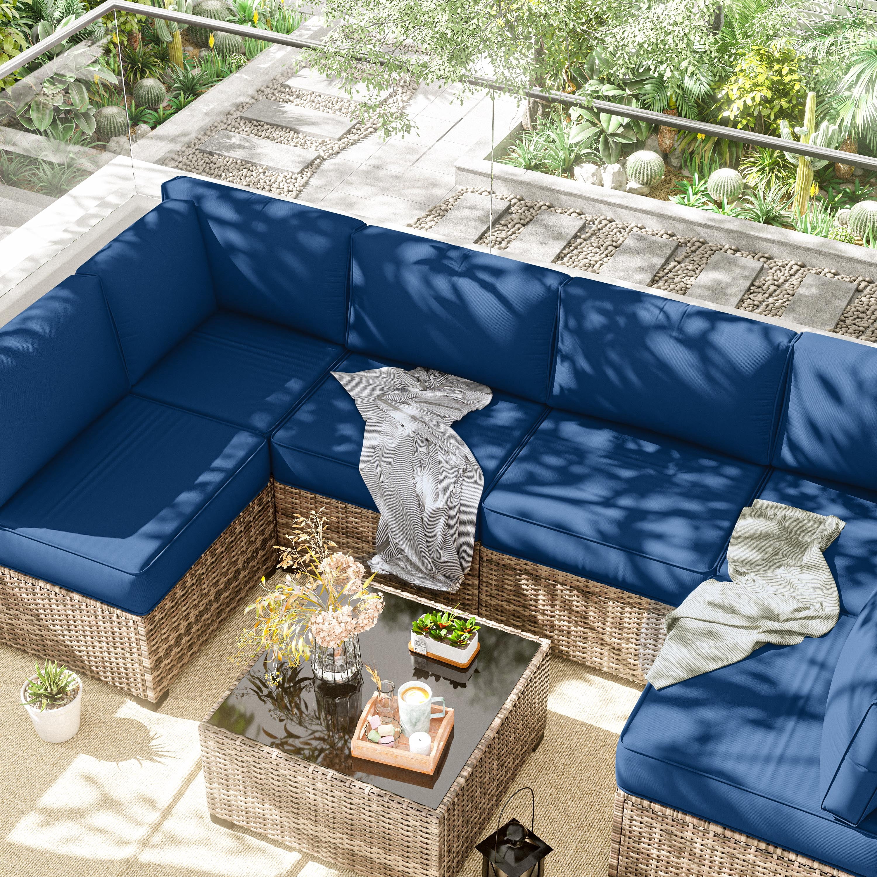 Pakunoda 14 Pieces Outdoor Replacement Cushions, 5” High-Density Foam Sectional Cushions Couch, 6 Seat Patio Conversation Sets for Rattan Wicker, Liner&Cover, Blue