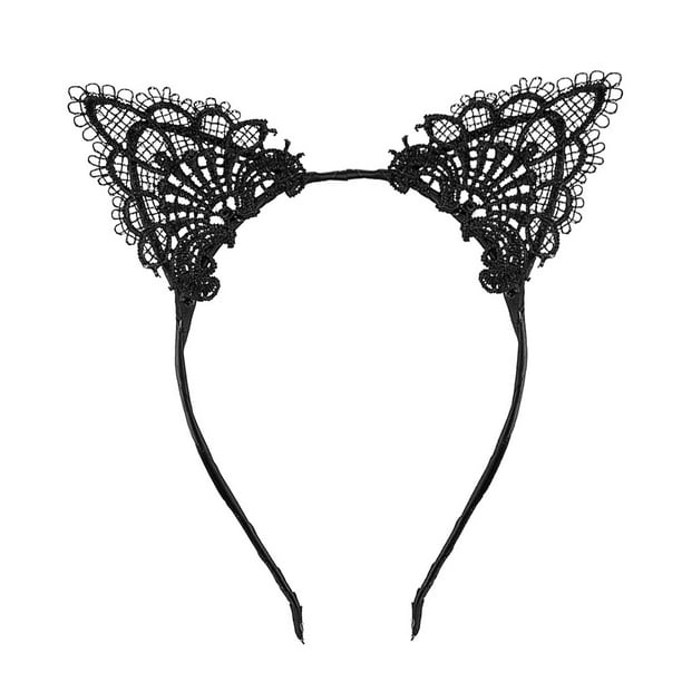 Diadema sexy de encaje con orejas de gato para fiesta de disfraces de Navidad, cosplay, accesorio (negro)