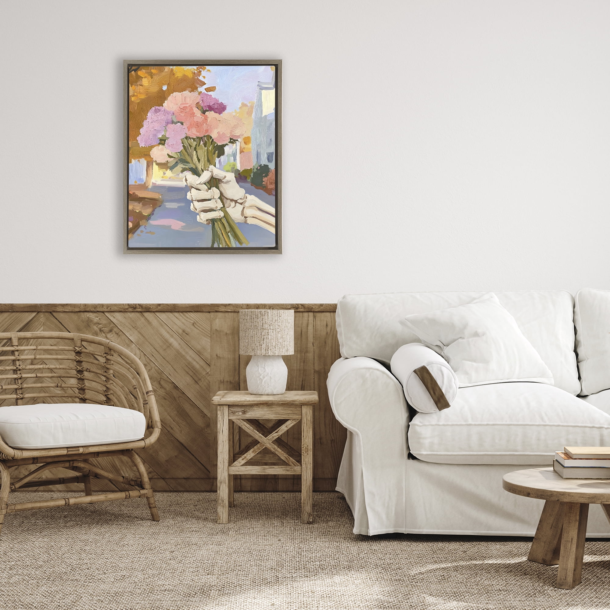 Stupell Industries Skeleton Hand Holding Flowers Brown Framed Floater Canvas Wall Art, design by The Prints Vibe