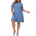 thumbnail image 2 of MODA NOVA Juniors' Plus Size Denim Round Neck Roll Up Sleeve Ruffle Chambray Midi Dresses, 2 of 5