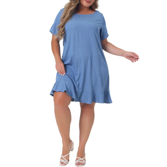 Unique Bargains Women's Plus Size Round Neck Roll Up Sleeve Ruffle Chambray Midi Dresses 1X Light Blue