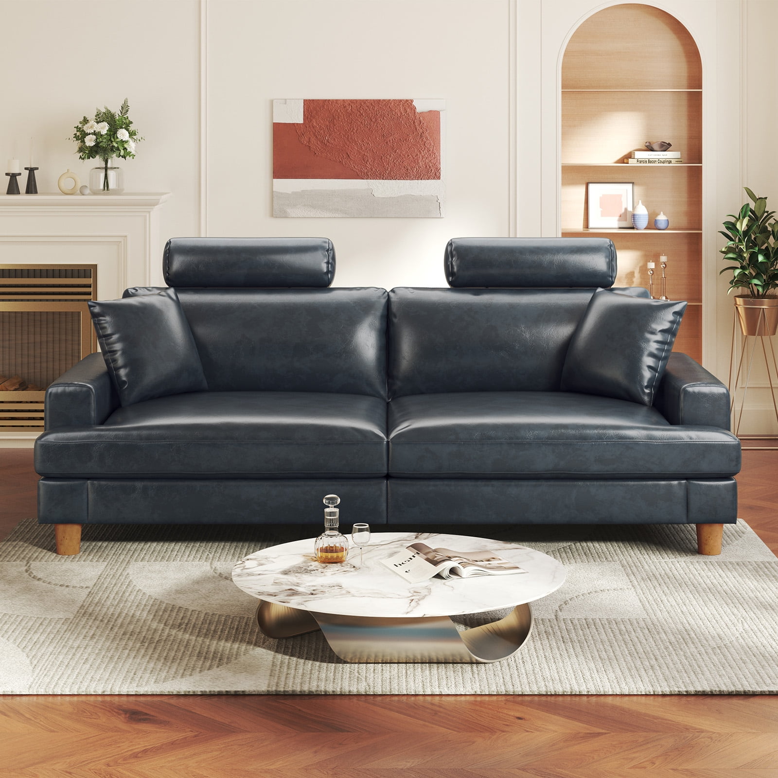 87" Sofa Premium PU Leather Couch with Headrest, Comfy 27" Extra Deep Seat 3 Seater Sofa for Living Room, Includes 2 Pillows, Gray