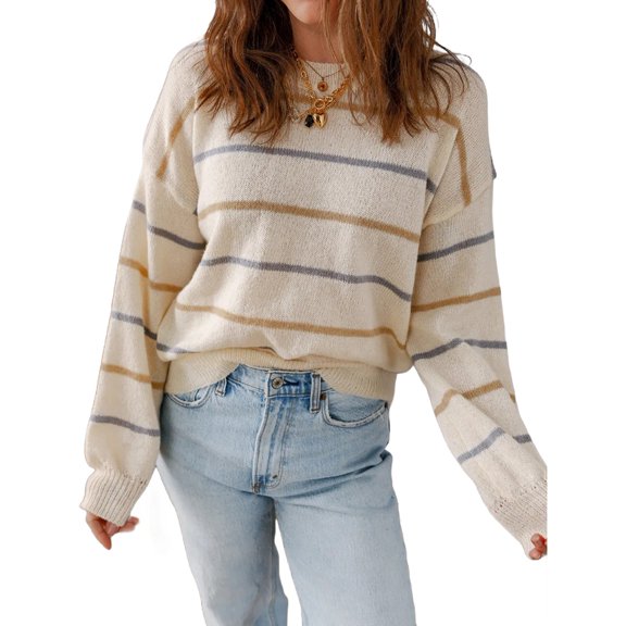 Womens Striped Ribbed Edge Sweater Long Sleeve Crewneck Drop Shoulder Fall Sweaters Top XL