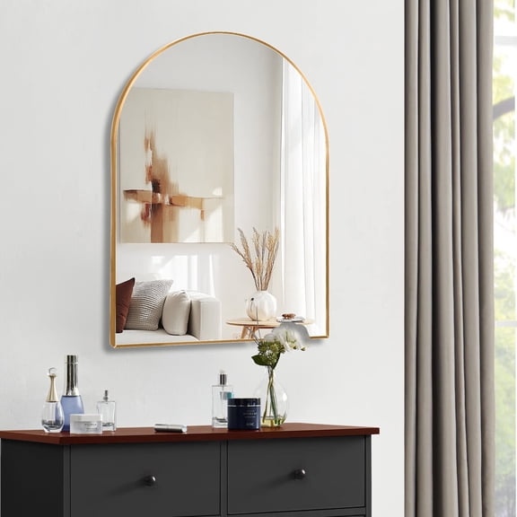 Oufan 30x40 Inch Arched Bathroom Mirror, Aluminium Alloy Framed Vanity Mirror for Wall, Modern Wall Mounted Anti-Rust Mirror for Restroom, Entryway, Gold