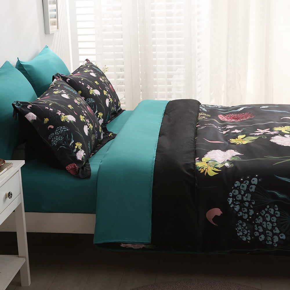 Wajade Colorful Floral Comforter Set 7 Piece Bed in a Bag Black Comforter Sets (1 Comforter, 2 Pillow Shams, 1 Flat Sheet, 1 Fitted Sheet, 2 Pillowcases, King Size)