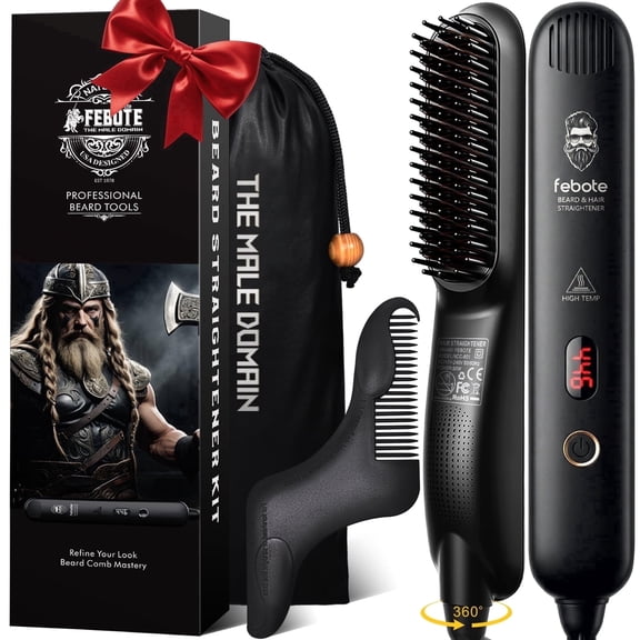 FEBOTE Beard Straightener for Men, Heated Ceramic Beard Brush with 5 Temperature Settings, Anti-Scald Design, Beard Shaper and Travel Bag