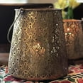 thumbnail image 4 of Grand Tour Temple Bell Lanterns, Set of 2, Lattice Lace Pattern, Hurricanes, Gold Finish, Iron, 8.75 and 6 Inches, Loop Handles, Removable Inner Glass Sleeve, 4 of 6