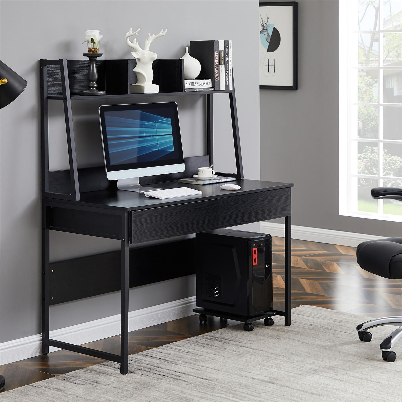 Home Office Computer Desk with Bookshelf, Desk with Space Saving Design,  Modern Simple Style Writing Desk Table (Black) 