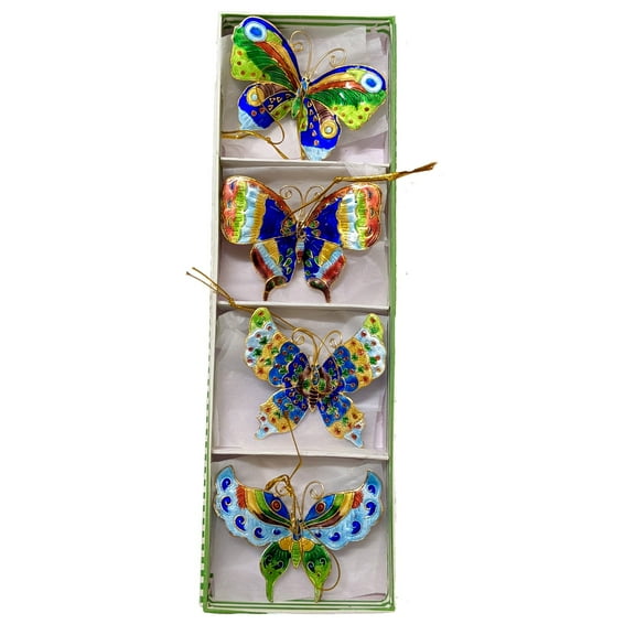 Blue Colorful Butterflies Metal Christmas Tree Ornaments Set of 4 Butterfly