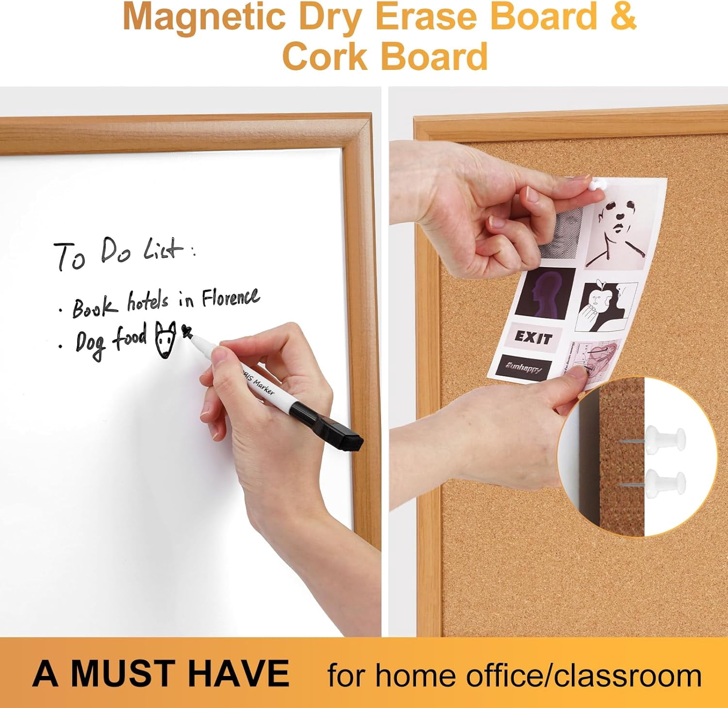 Cork Board White Board Combo with MDF Wood Frame, 24 x 18 Inch Bulletin Board, Magnetic Dry Erase Board & Corkboard for Wall, Vision Board for Home, Office, School
