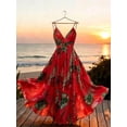thumbnail image 5 of Red Floral Print Ruched Waist Elegant Long Spaghetti Strap Maxi Dress For Party, 5 of 5