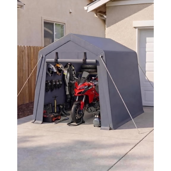 6x8 FT Portable Outdoor Storage Shelter Shed with Roll-Up Zippered Door, Heavy Duty Waterproof & UV-Resistant Carport Tent – Grey, for Motorcycles, Bicycles, Lawn Mower & Tools