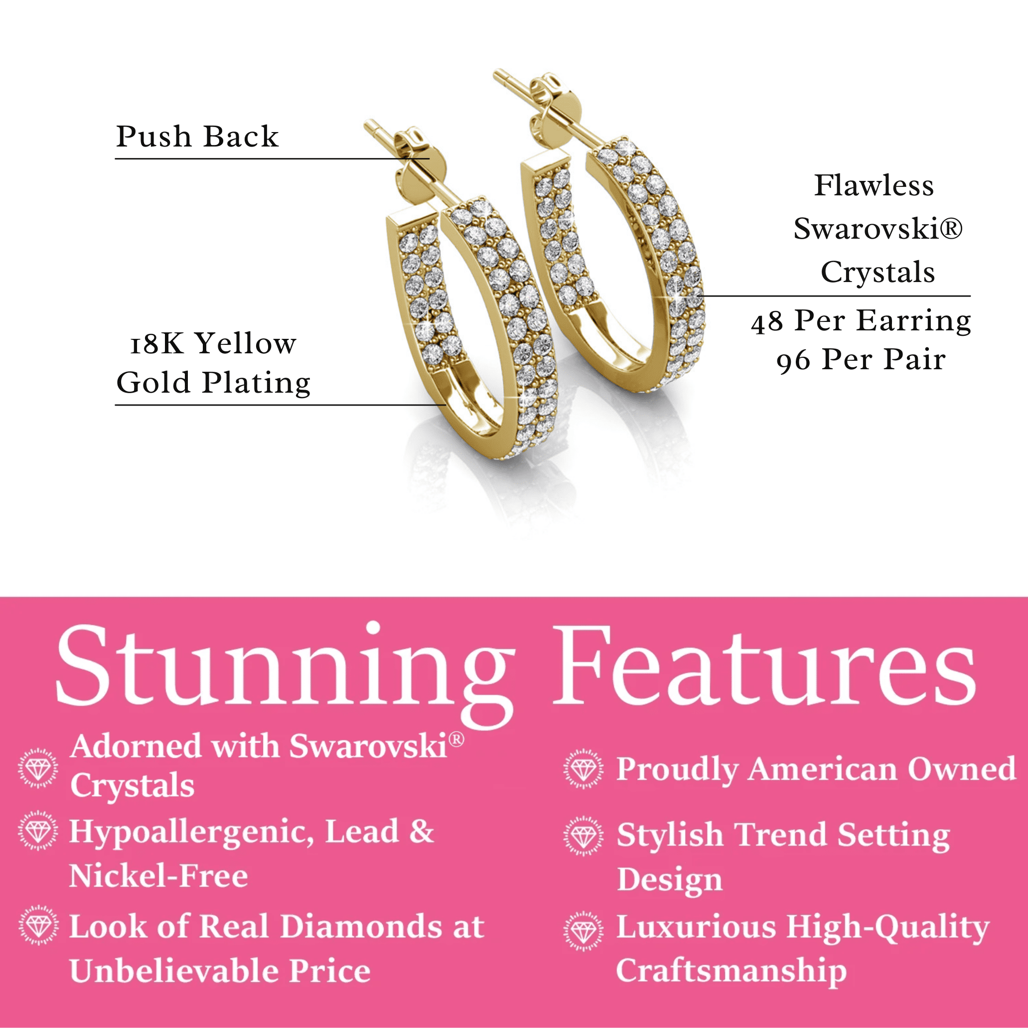 Cate & Chloe Grace 18k Yellow Gold Plated 19mm Hoop Earrings with Swarovski Crystals Gift for Women