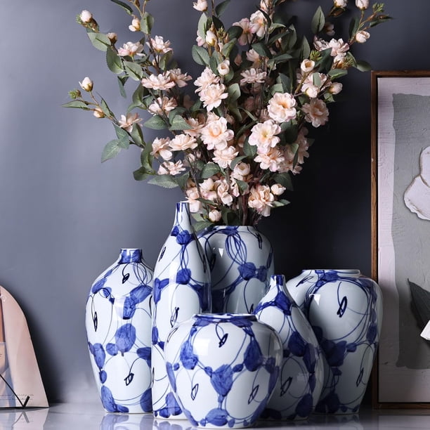 XMGZQ Navy Blue and White Vintage Vase,Ceramic Chinoiserie Floral