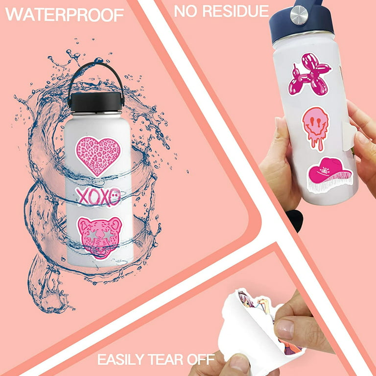 50 Pack Teen Preppy Waterproof Stickers for Water Bottle, Pink