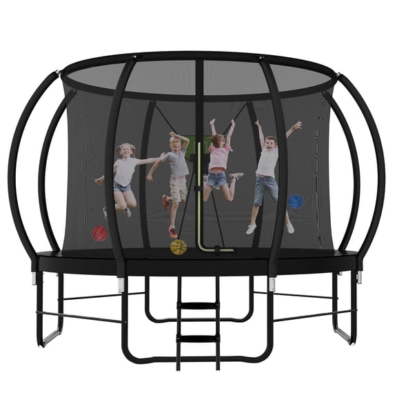 DVH Outdoor Trampoline 14FT with Enclosure and Ladder, Recreational Trampoline with Basketball Hoop Set