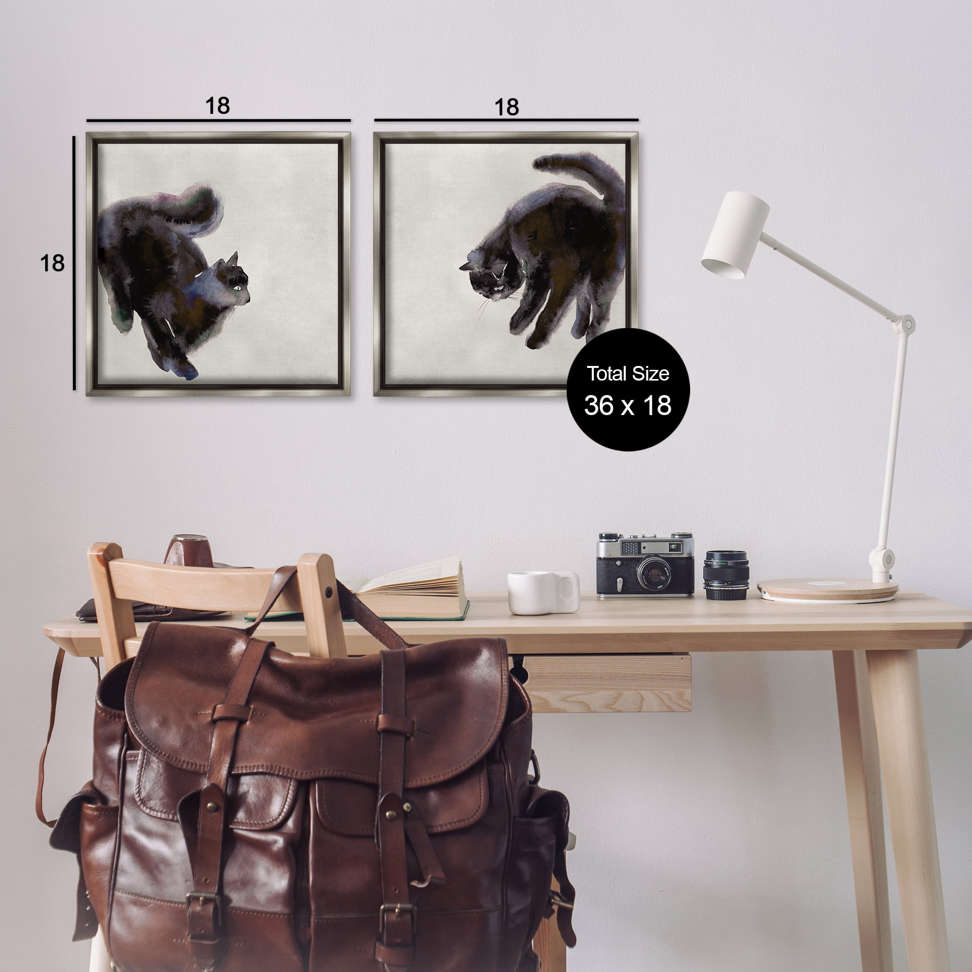 Stupell Industries Fuzzy Black Cats on Beige Animals Painting Gray Floater Framed Canvas Art Print Wall Art, 18 x 18, Set of 2