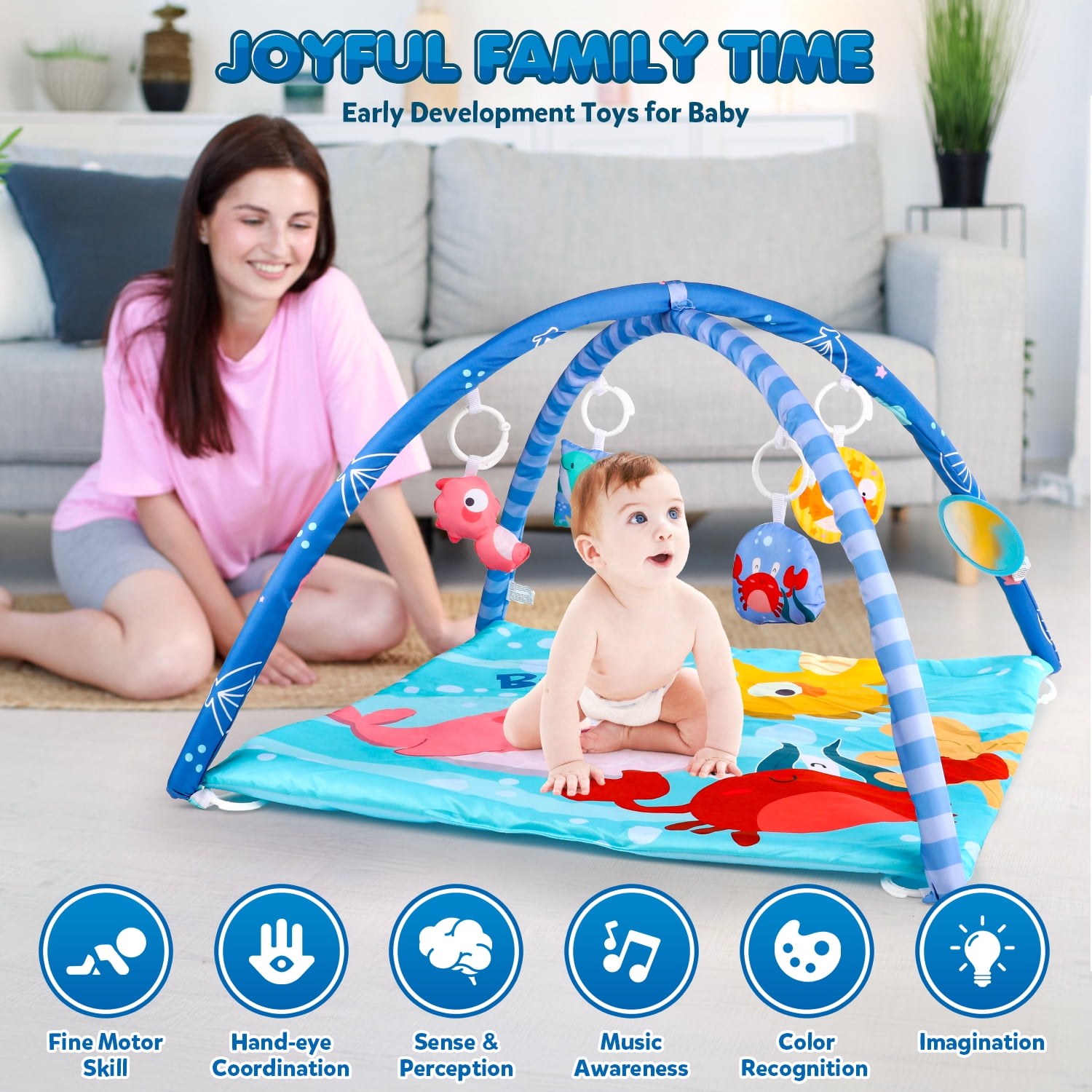 UUSUOO Baby Gym Play Mat,Tummy Time Mat With 5 Sensory Toys,Busy Baby Mat for Visual, Hearing, Sensory,Baby Toys 0-6 Months,Christmas Gifts for Toddler Infant 0-3-6-9-12 Month