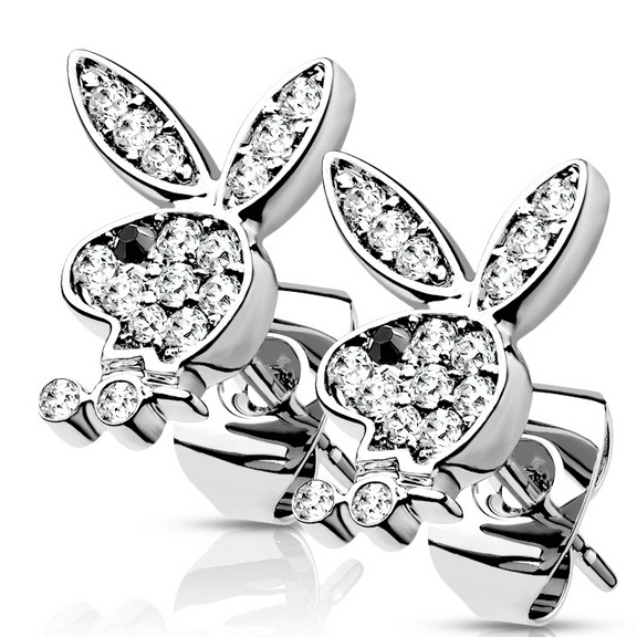 Pair of CZ Paved 316L Surgical Steel Playboy Bunny Post Earrings