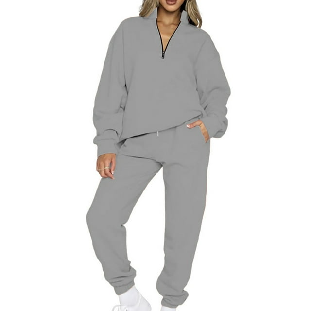 Avamo Ladies Tracksuit Set V Neck Jogger Sets Solid Color Two Piece Outfit Breathable Sweatshirt And Sweatpant Sports Sweatsuits Gray XL