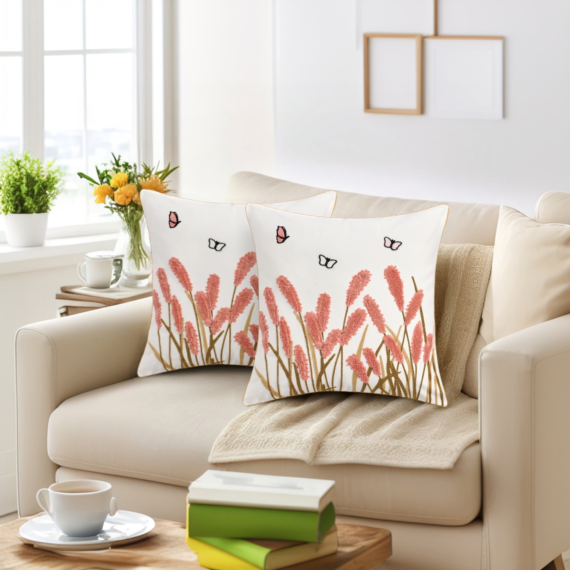 Unique Bargains Cotton Boho Plant Embroidery Soft Square Throw Pillow Covers Pink