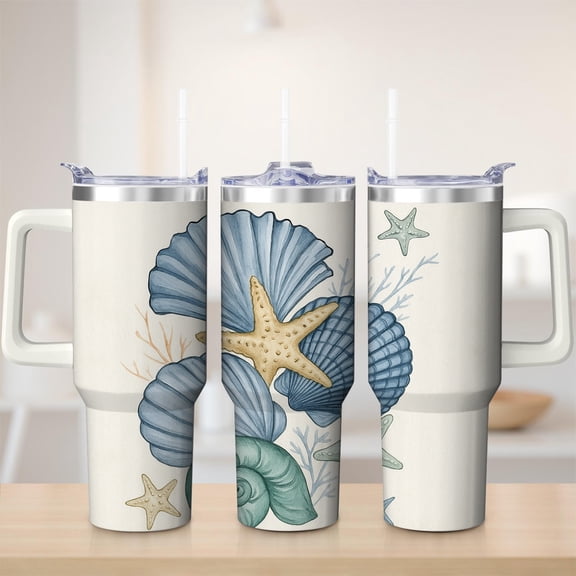 Oceanic Seashell Stainless Steel Insulated Mug with Lid and Handle, 30oz