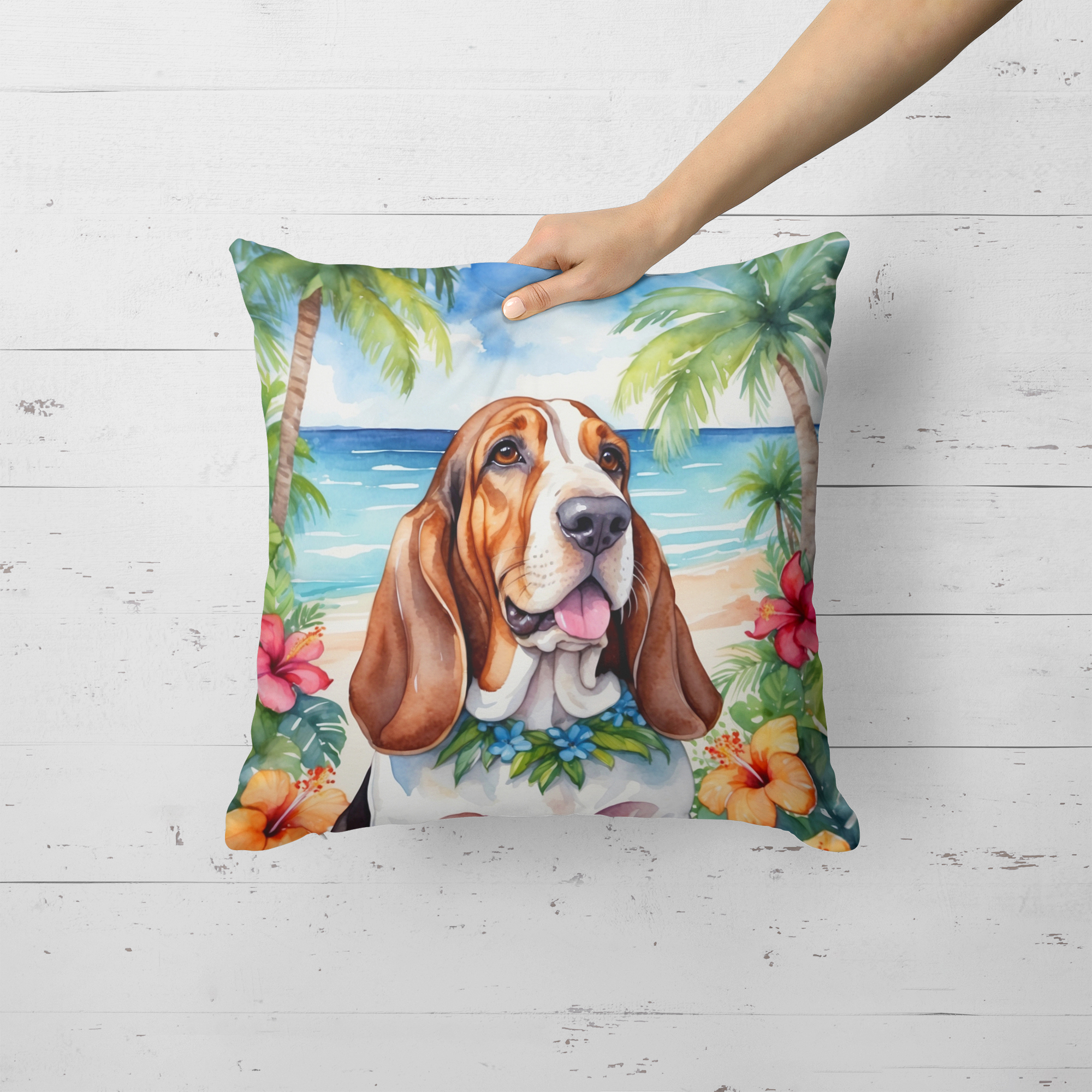 Basset Hound Luau Throw Pillow 18 in x 18 in