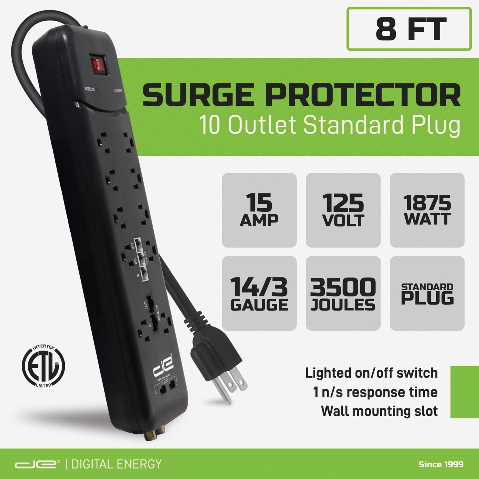 10-Outlet Heavy-Duty Surge Protector Power Strip  (Black; 8-Foot Cord)