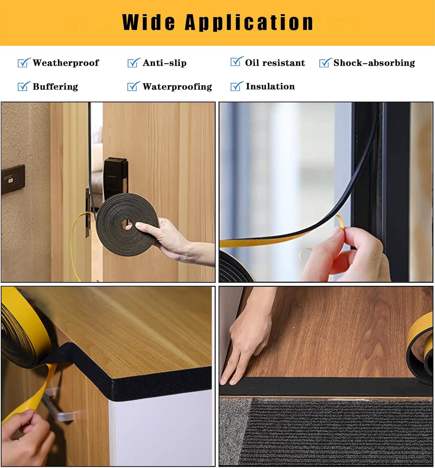 Weather Stripping Door Seal Strip Strong Adhesive Foam Insulation Tape Tape Gasket for Door and Windows (Black, 1/2 in x 1/2 in x 13Ft)