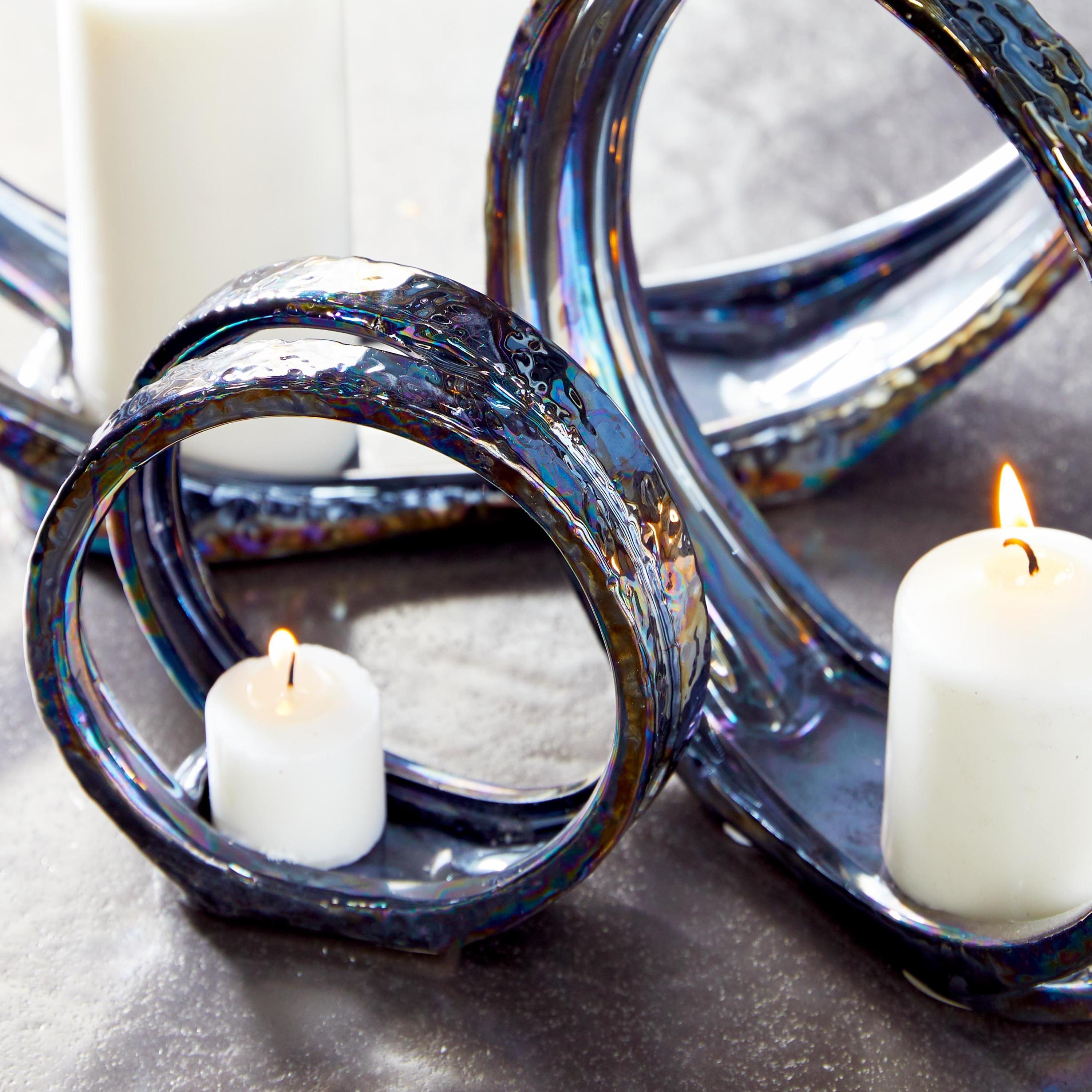 DecMode 3 Candle Silver Ceramic Pillar 3 Plate Candle Holder, Set of 3