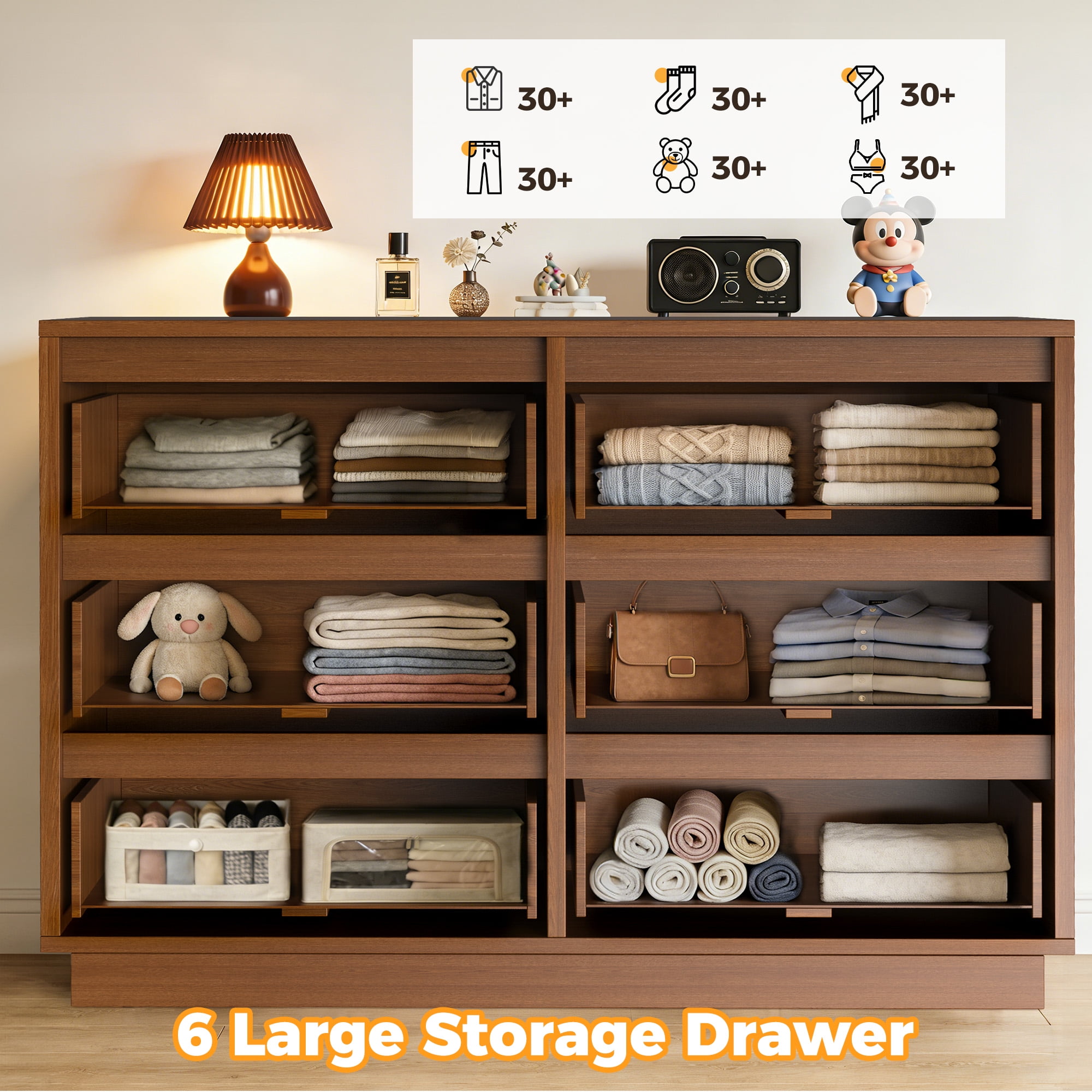 UPGO 44.8'' Fluted Dresser for Living Room, Bedroom, Hallway, Entryway with Deep 6 drawers, Wooden Dresser