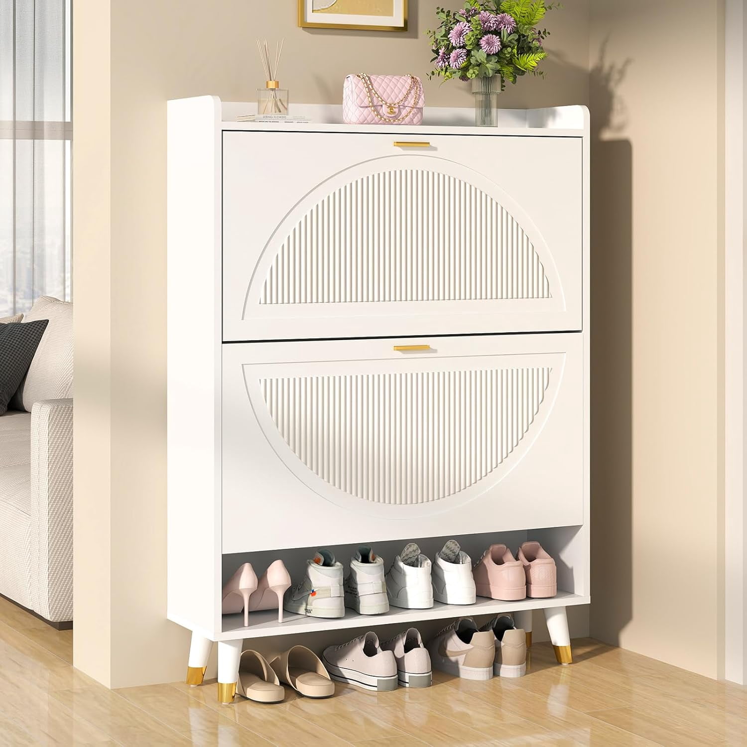 Vinform Shoe Storage Cabinet for Entryway Slim, 2 Flip Drawer Shoe Cabinet Shoe Organizer Cabinet with Doors, Ultra Thin Shoe Cabinet Wood for Hallway