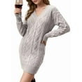 thumbnail image 2 of Womens V Neck Mini Sweater Dress Cable Knit Long Sleeve Casual Loose Fall Tunic Pullover Sweaters Silver XL, 2 of 8