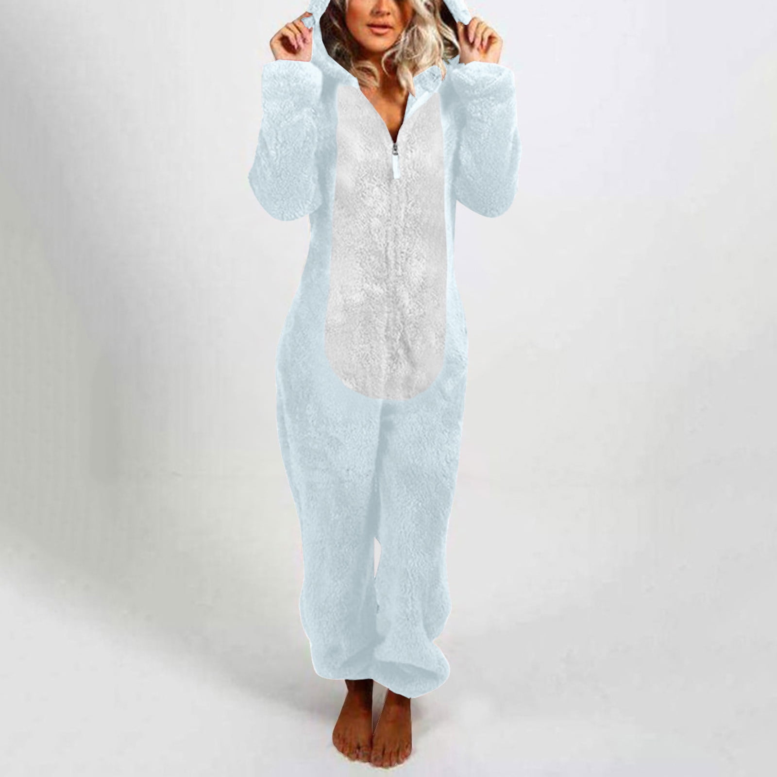Lovskoo Womens Fluffy Hooded Jumpsuit Fuzzy Pajamas Long Sleeve Cute Ear One Piece Onesie Winter Warm Rompers Sleepwear Light Blue