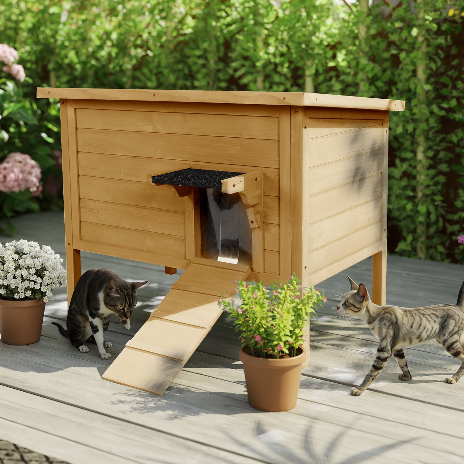 Hidpriva Insulated Wooden Outdoor Cat House, Weather-Resistant Feral Cat Shelter for Winter w/ Foldable Ladder & Visible Window, Brown
