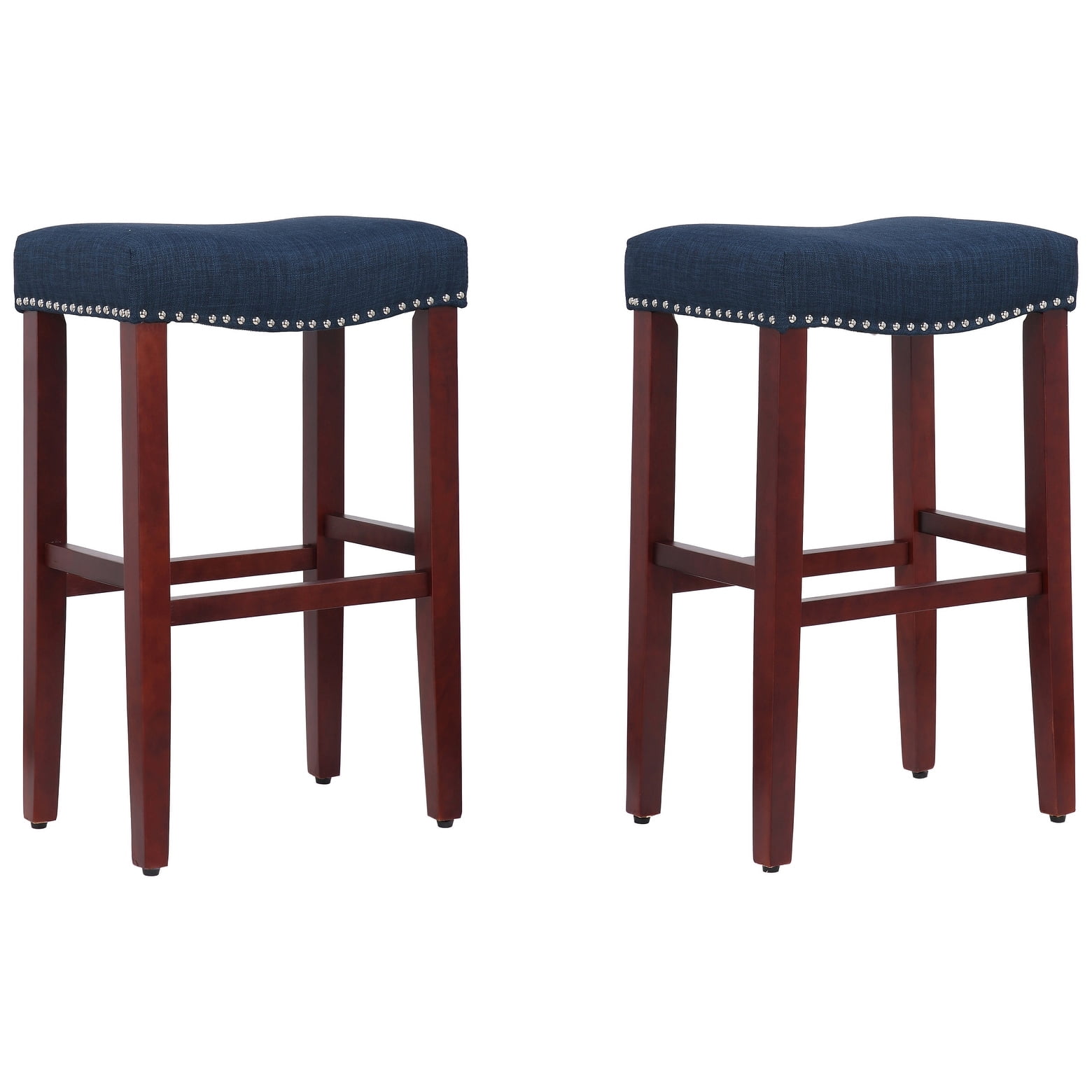 29" Inch Upholstered Saddle Seat Counter Stool (Set of 2), Cherry/Navy Blue