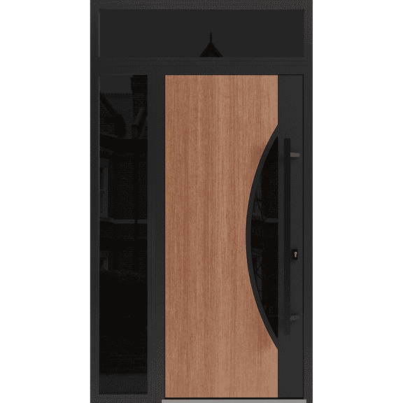 Front Exterior Prehung Steel Door / Ronex 1077 Teak / Side and Top Exterior Window Sidelite / Entry Metal Modern Painted W36 12" x H80 16" Left hand Inswing