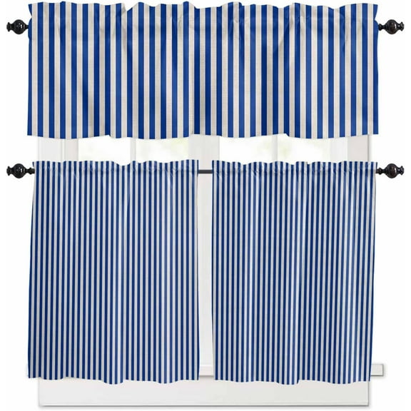 Dark Blue Striped Kitchen Curtains, Modern Beige Geometric Country 3-Piece Kitchen Curtain Valance and Tiers Set 24 Inch Length, Rod Pocket Half Window Curtains for Cafe Living Room Bathroom