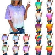 Summer Savings! YOTAMI Womens Plus Size Tops Clearance Under $5 Tie Dye Print Crew Neck T-Shirts Short Sleeve Loose Fit Casual Shirts, Blue Sizes XXL