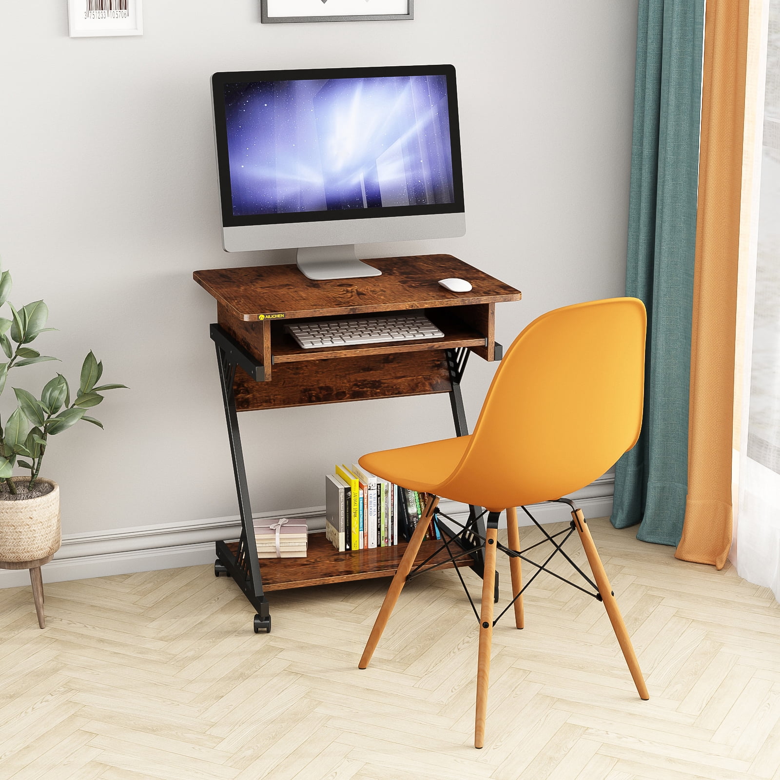 MIN EN WIN 2 Tiers Rolling Computer Desk with Keyboard Tray and Printer Shelf for Home Office, Mobile Computer Desk for Small Space, Retro Computer Table Compact PC Laptop Workstation, Rustic Brown