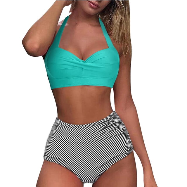 Women Vintage Swimsuit Two Piece Retro Halter Ruched High Waist Print Bikini Set