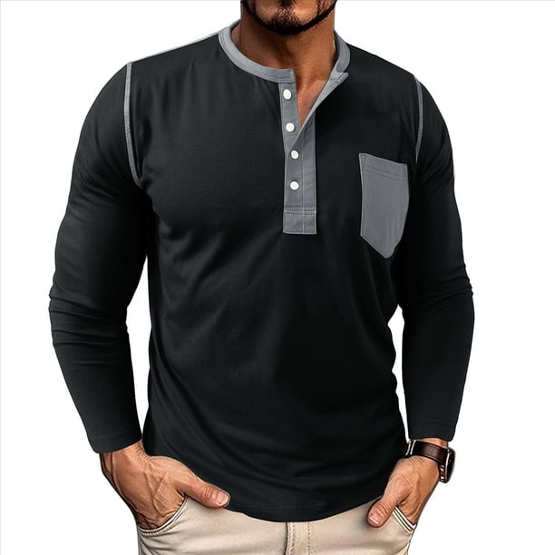 Camisetas Henley de Larga Raglán para Hombre, Informales, Ajustadas y A . Negro XL