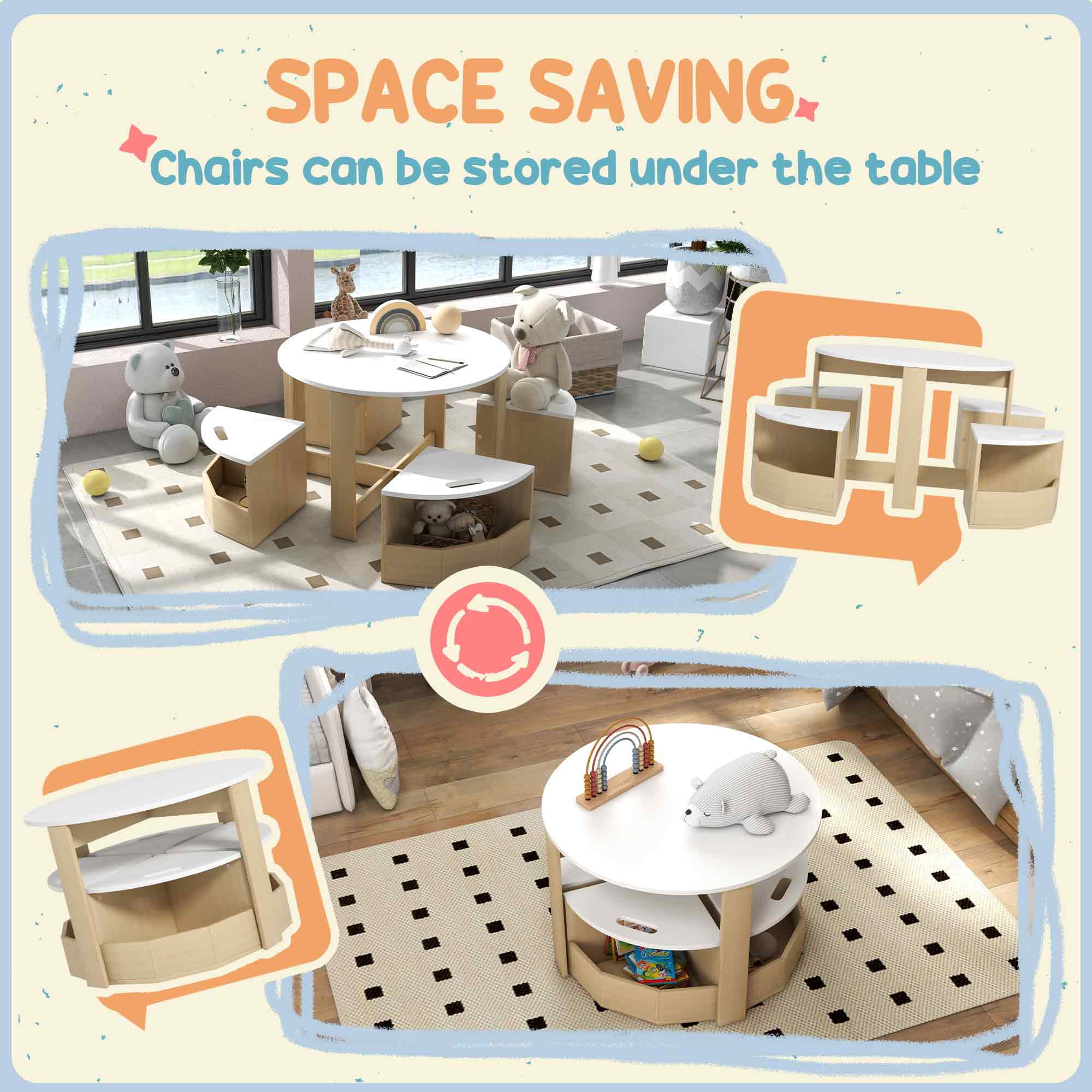 Qaba 5 Piece Kids Table and Chairs Set with Storage for Activities, White