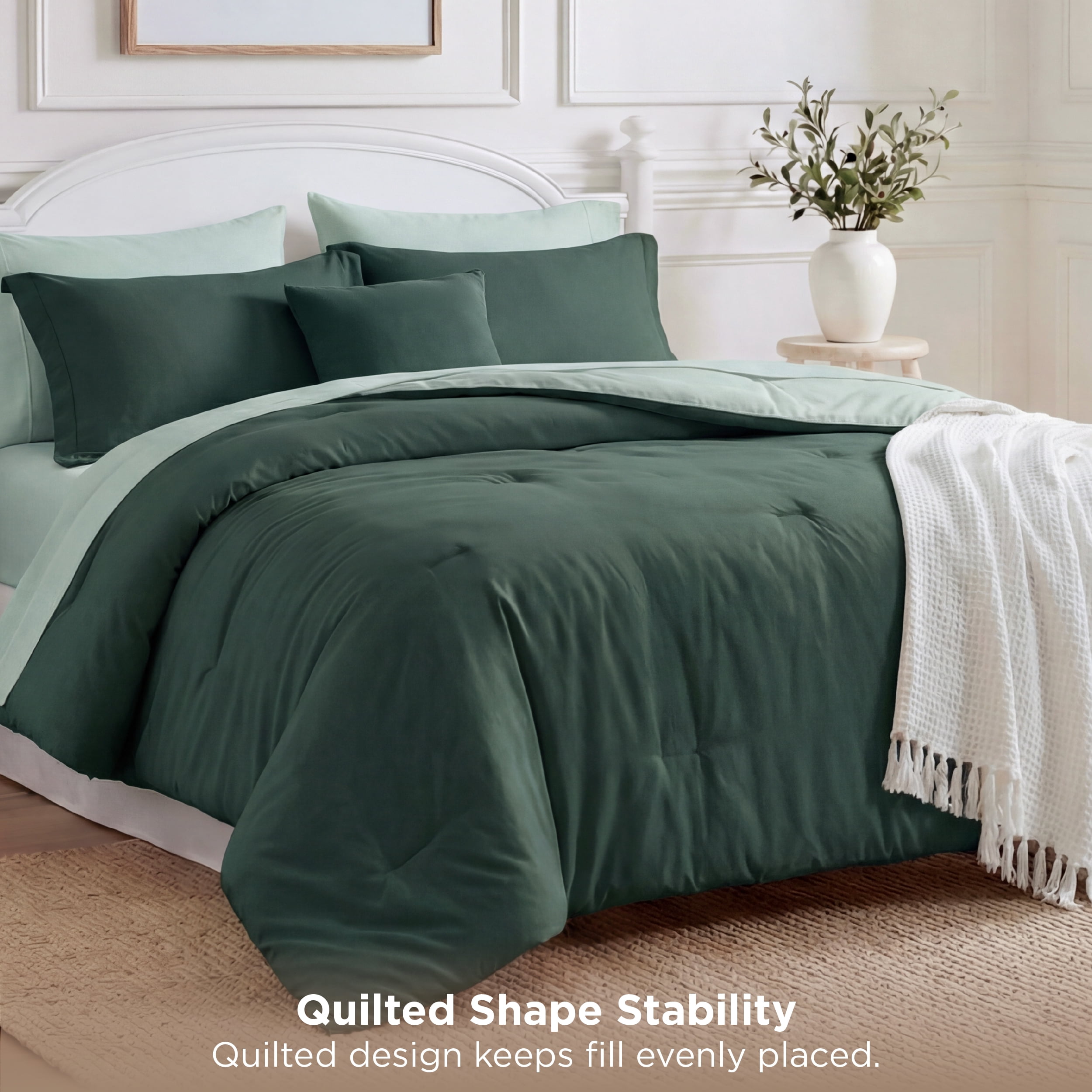 U by Bedsure King Comforter Set Forest Green, 7 Pieces Reversible Bed in a Bag, Boho Lightweight Bedding Set, Contrasting Design