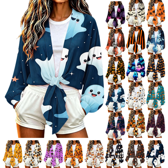 Gamivast Tie Front Cardigan for Women Long Lantern Sleeve Cropped Bolero Shrugs Print Lightweight Dress Cover Up Tops for Fall Halloween Party Casual Outerwear